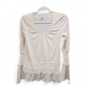 Vanity Boho Lace Trim Top Small Cream Beige V-Neck Long Sleeve Cottagecore  Soft
